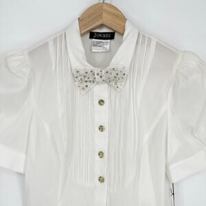 JOVANI Beaded Bow Tie Blouse Short Puff Sleeve Rhinestone Tuxedo Shirt, White